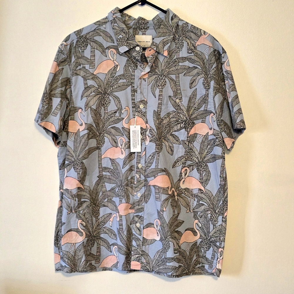 NWT American Eagle Outfitters Blue Pink Patterned Flamingo Xl Men Button Up